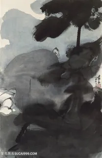 张大千手绘水墨松树风景画 张大千手绘水墨松树风景画