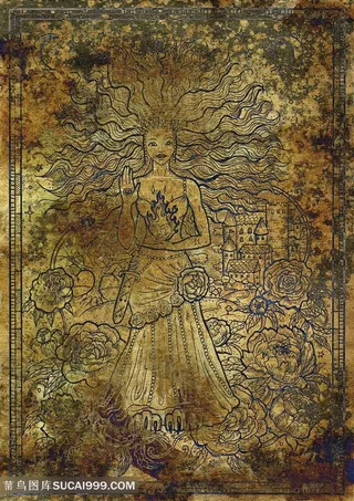 手中有火的女神金属金色十二星座底纹背景图片