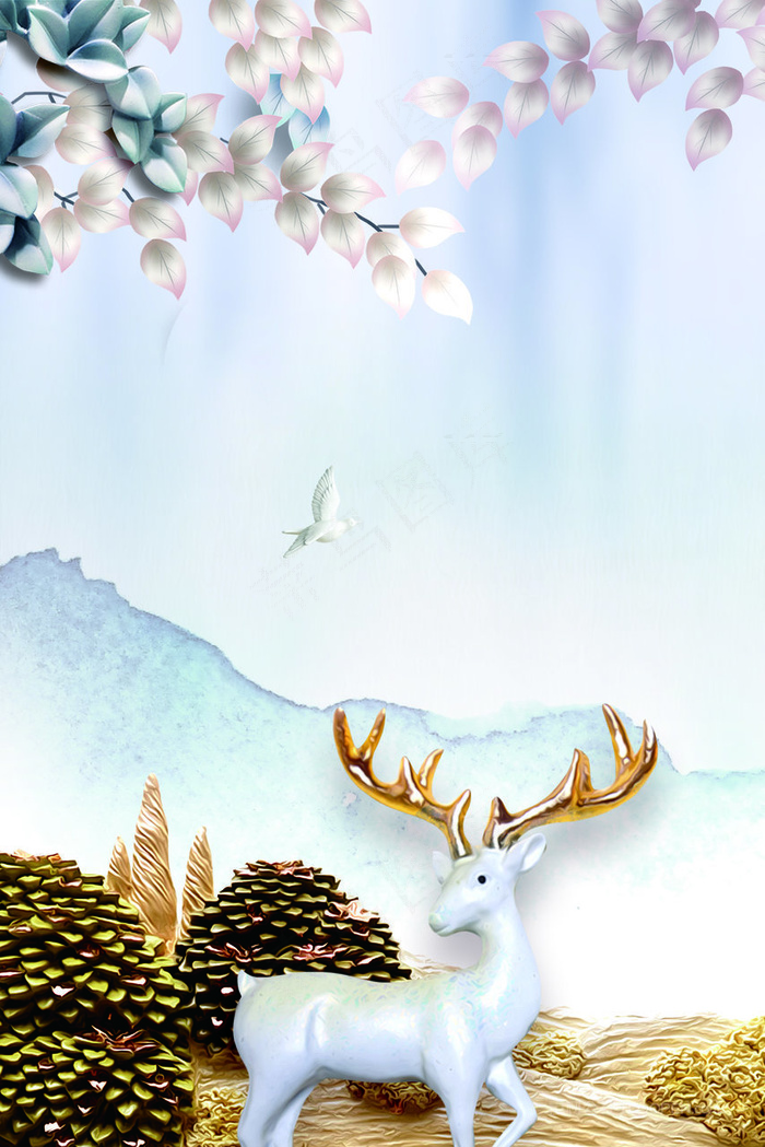 麋鹿山脉树叶时尚插画