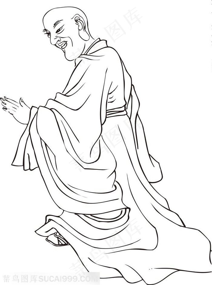 微笑的手绘线描108罗汉矢量PNG图片