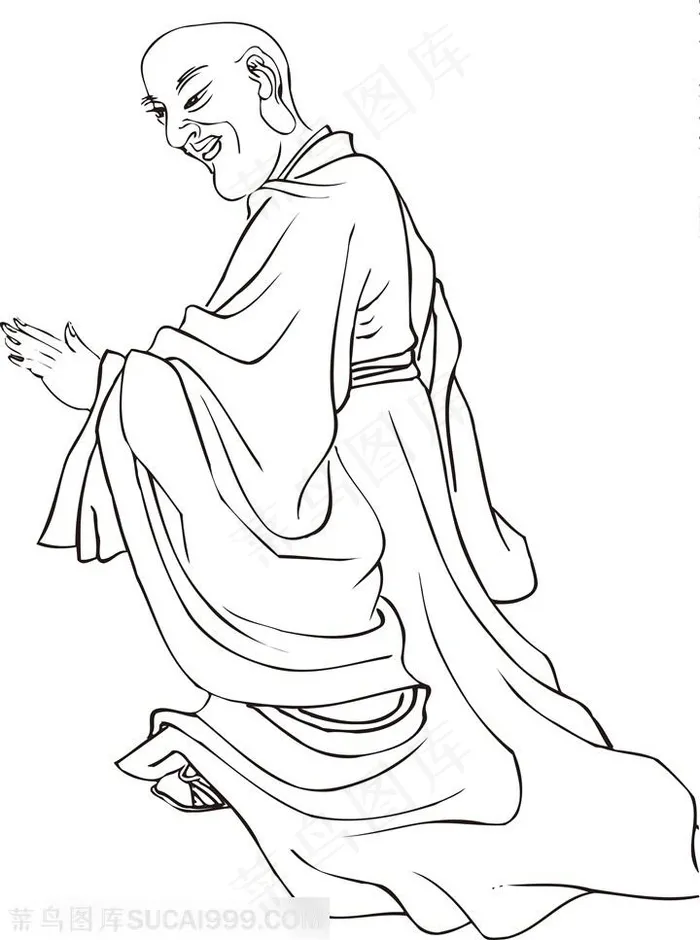 微笑的手绘线描108罗汉矢量PNG图片