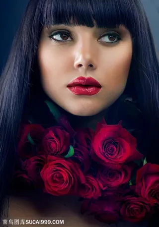 带着玫瑰的时尚美女面部特写 国外高清美女