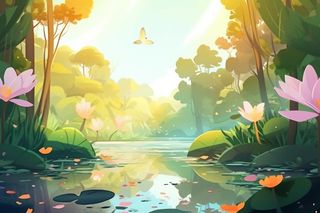 黄绿色荷花池温馨插画背景