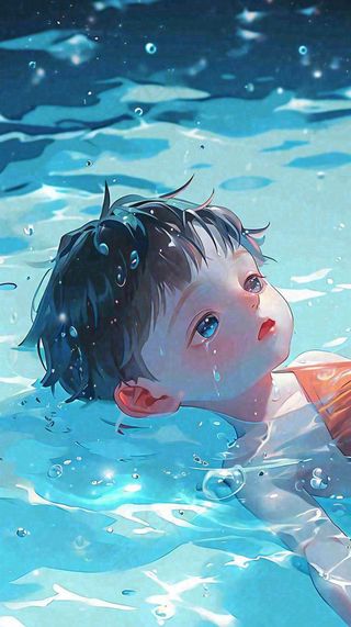 夏天儿童男孩水里游泳戏水，小暑大暑