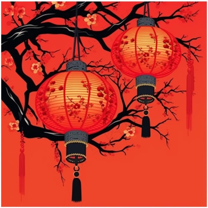 红灯笼梅花树枝喜庆插画素材背景(1024x1024)