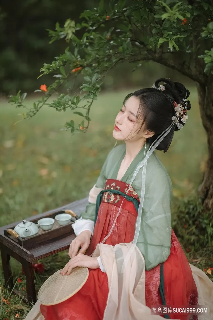 石榴树下喝茶的古装美女图片