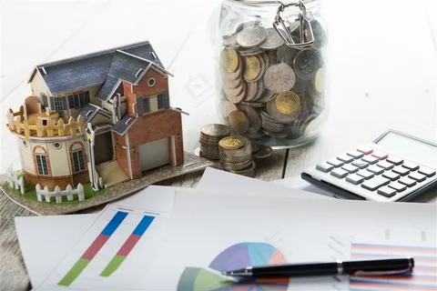 房子模型上的金币的高清摄影图 房子模型上的金币的高清摄影图