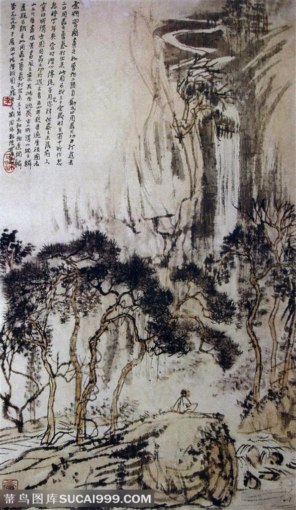 国画名家作品-李可染的松下观瀑图