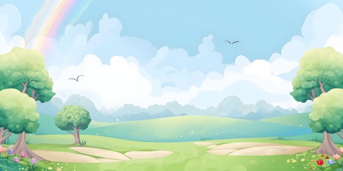 春天蓝天白云彩虹树林草坪手绘插画风景海报素材背景(6144x3072)