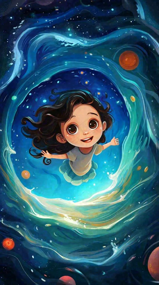 炫酷浪漫海洋海底水底可爱女孩手绘插画，鱼类水母生物(816x1456)