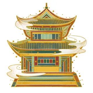 复古中国风国潮古建筑插画手绘高楼古塔PSD素材亭子png免抠图