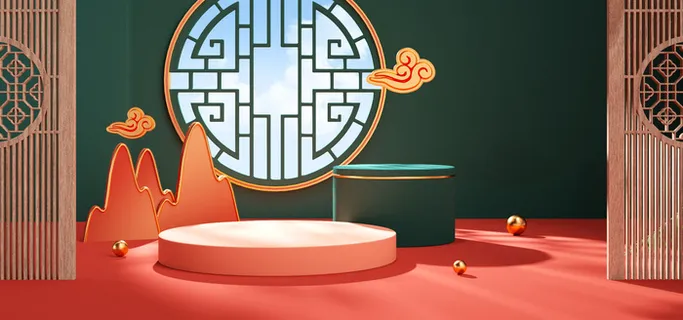 中国风国潮电商促销首页海报C4D背景图3D场景立体设计PSD素材模板