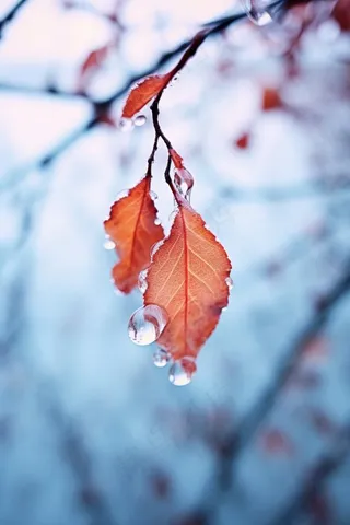 秋叶红色冰水珠背景