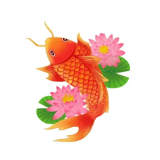 手绘国潮古风喜庆铜钱锦鲤鱼金鱼荷花插画场景装饰PSD设计素