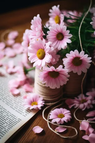 书桌上的粉色雏菊花麻绳摄影图