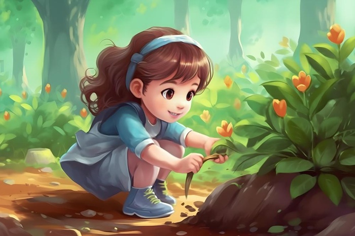 森林种植小女孩土地手绘插画海报素材背景(5376x3584)