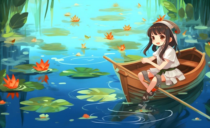 在湖中划船的女孩睡莲绿叶插画海报背景