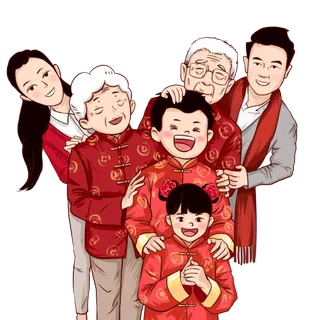 手绘新年全家福合影年俗