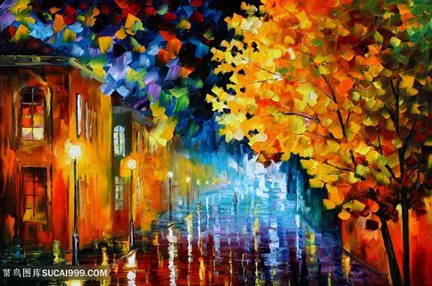 唯美水彩湖畔树林建筑美景油画插画 唯美水彩湖畔树林建筑美景油画插画