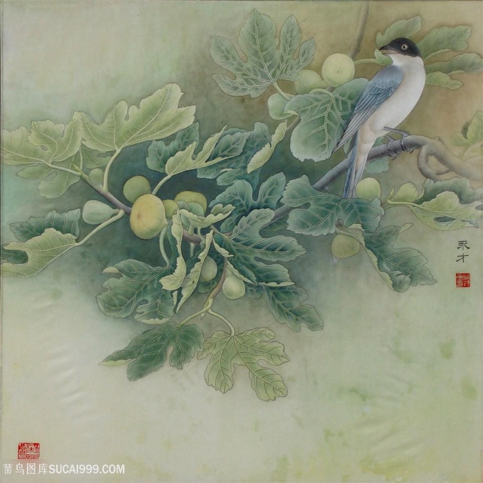 中式树枝水彩鸟复古装饰画