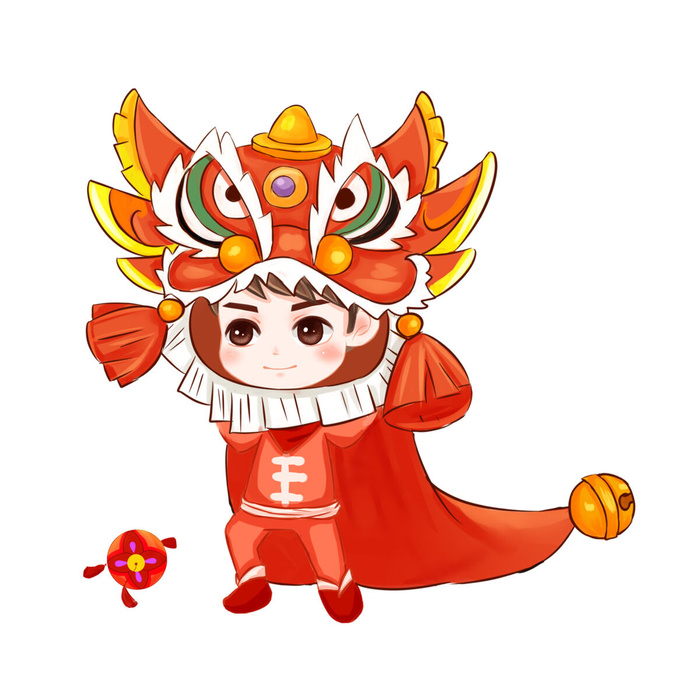 新年春节虎年元宵手绘人物舞狮卡通狮子头插画元素PSD设计素材