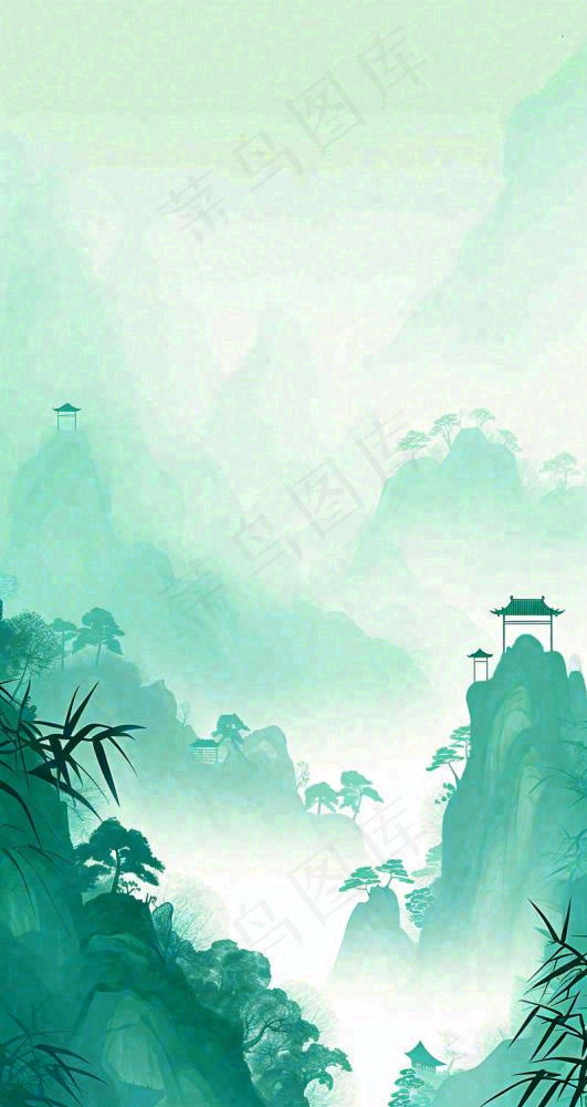 国风意境山水画落日绿色(800x1504)