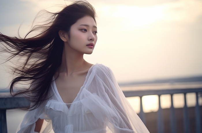 一个美女穿着一件漂亮的白色连衣裙在海边的拍照摄影图(4080x2688)