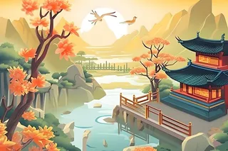 国潮花朵仙鹤云间背景