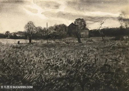 素描草地房子素描风景画 素描草地房子素描风景画