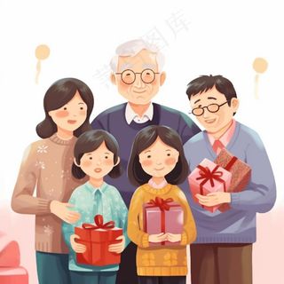 一家人家庭照礼物开心欢乐天伦之乐卡通插画素材背景