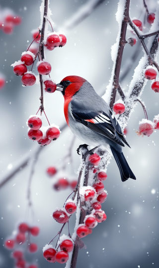 冬日下雪天小鸟站在红色果子枝条上摄影图