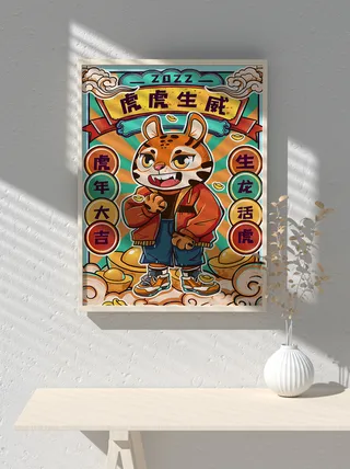 2022新年可爱卡通虎年国潮风海报