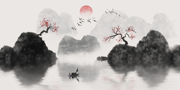 湖泊日出风光景色画PSD素材psd模版下载