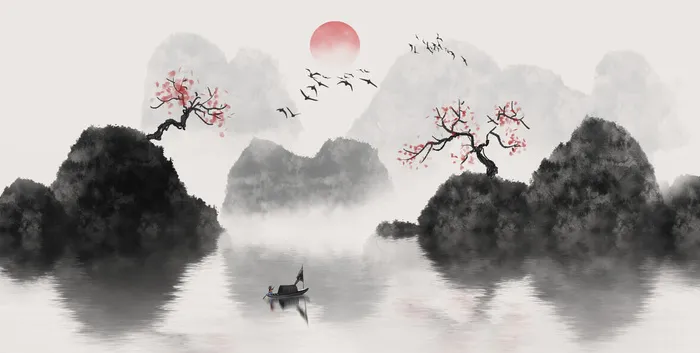 湖泊日出风光景色画PSD素材psd模版下载
