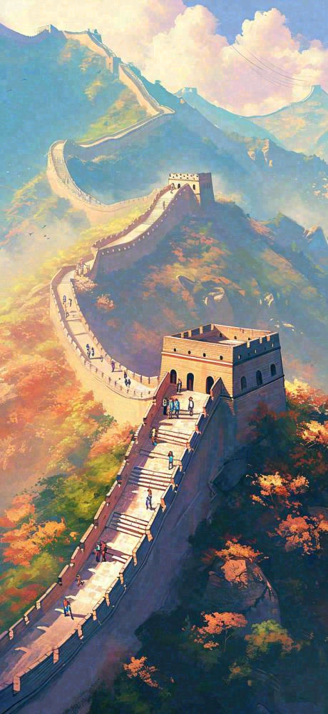 中国风万里长城落日阳光雄伟建筑手绘插画(736x1600)