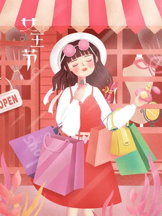 大气妇女节女神女王女生母亲节卡通手绘插图插画海报素材设计模板
