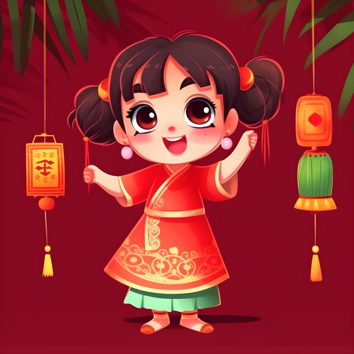 红色女孩灯笼祈福节日素材背景