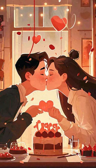 情人节情侣浪漫圣诞节日温馨生日会，插画手绘，居家餐厅美食