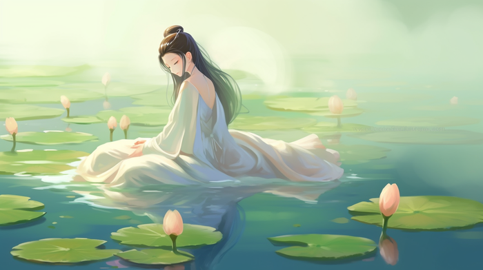 莲花荷叶池塘中的古风少女卡通插画(x)