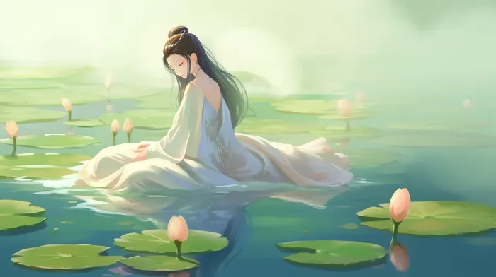 莲花荷叶池塘中的古风少女卡通插画