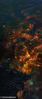 中国风鸟瞰古代城镇晚上庙会CG原画绘画图片