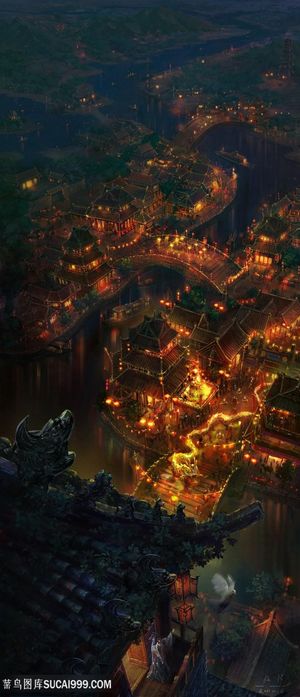 中国风鸟瞰古代城镇晚上庙会CG原画绘画图片