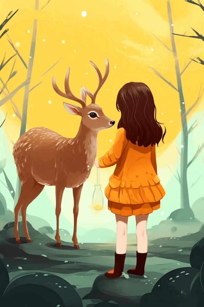 清新简约女孩与鹿森林插画背景