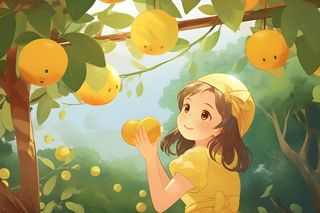 丰收可爱女孩水果金黄色插画背景