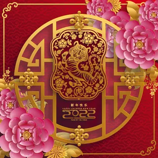 农历2022春节虎年新年快乐剪纸插画海报红色背景展板