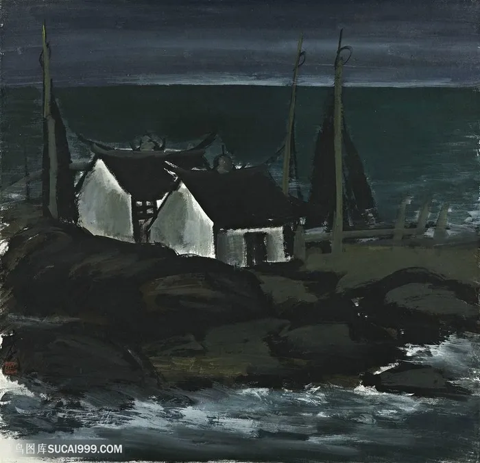 林风眠手绘湖畔小岛房子风景画