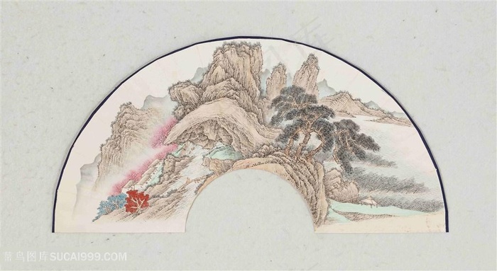 王军河工笔山水画扇面松树山脉