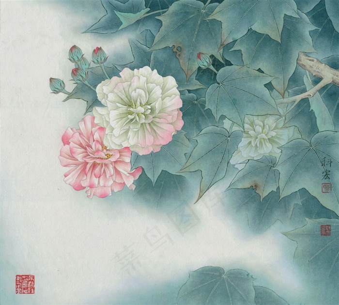 羞花争艳芙蓉国画