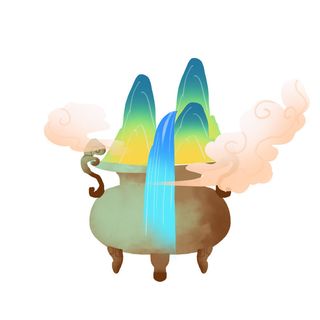 时尚微景观山水装饰庭院祥云中式国潮风插图插画元素素材设计模板