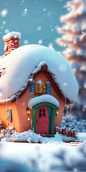 冬天红色雪屋雪地雪花，卡通可爱